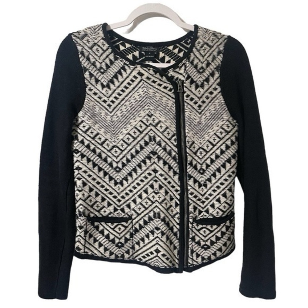 Lucky Brand Moto Jacket Aztec Tribal Print Asymmetric Zipper Black White Medium